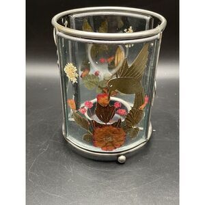 Vintage Pressed Flower‎ In Glass Hummingbird Tea Light Holder